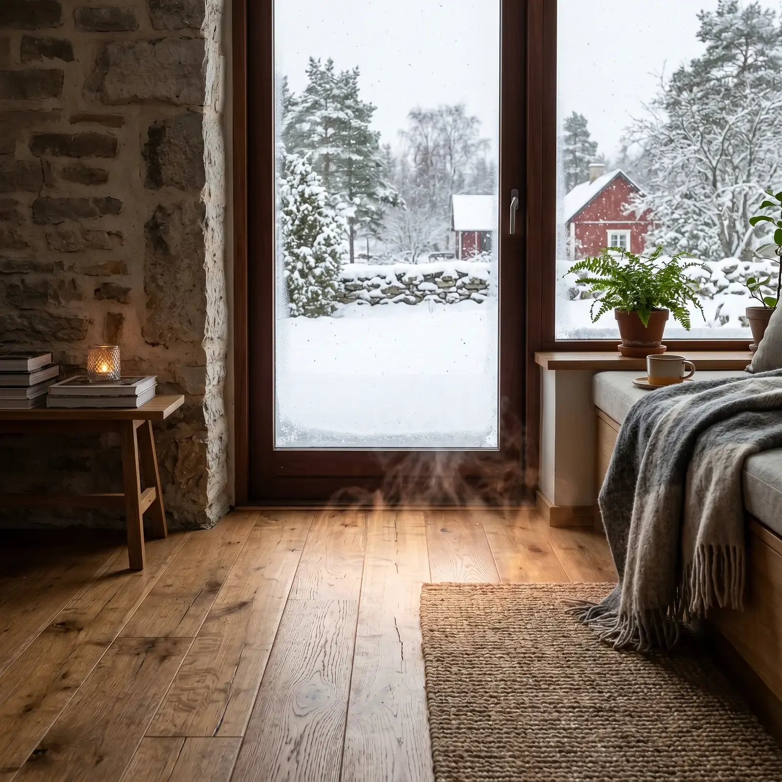 Mysigt sovrum med utsikt över snötäckt vinterlandskap genom glasdörr.