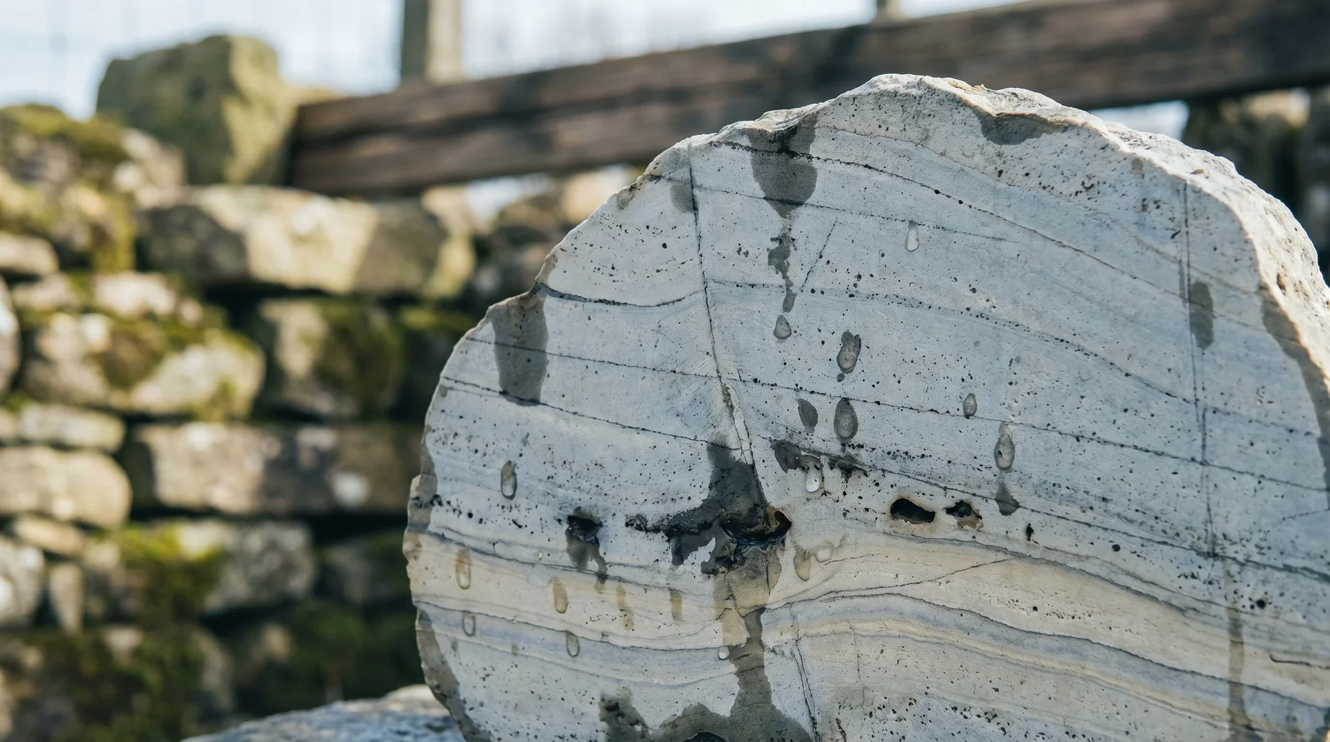 Vitmålat trästock med sprickor och fläckar i förgrunden, stenruiner i bakgrunden.