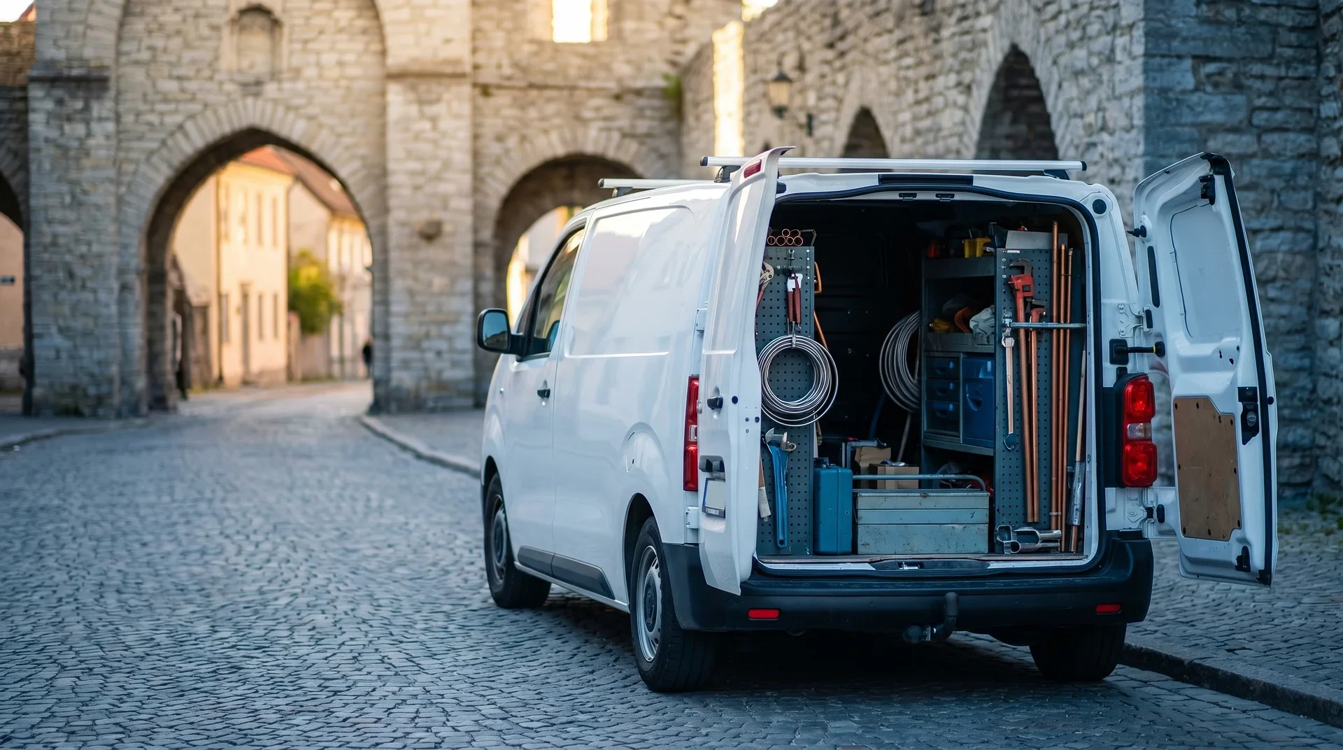 Vit servicebil med öppna bakdörrar och verktyg parkerad vid stenport.